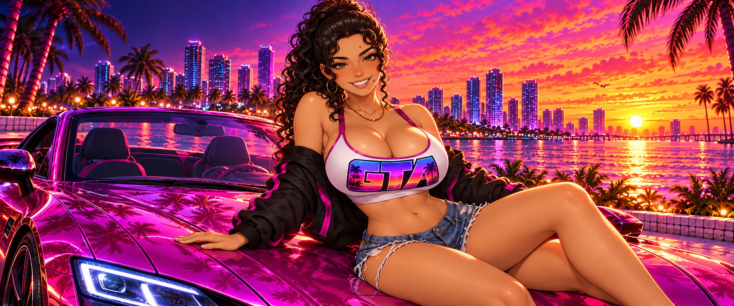 She reclines on a glossy pink supercar against a sunset waterfront skyline.