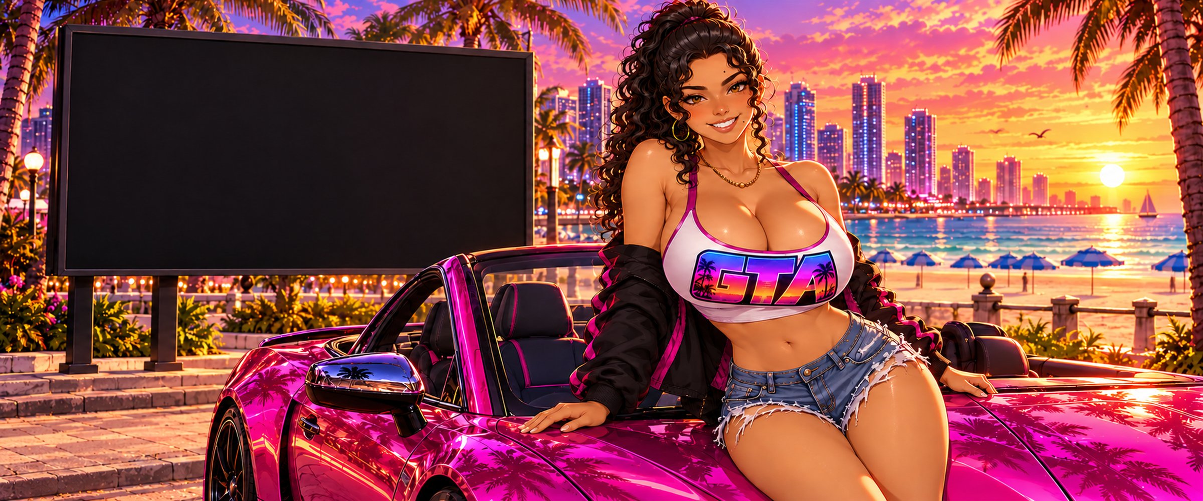 She leans against the pink supercar on a beach boulevard with turquoise water behind.